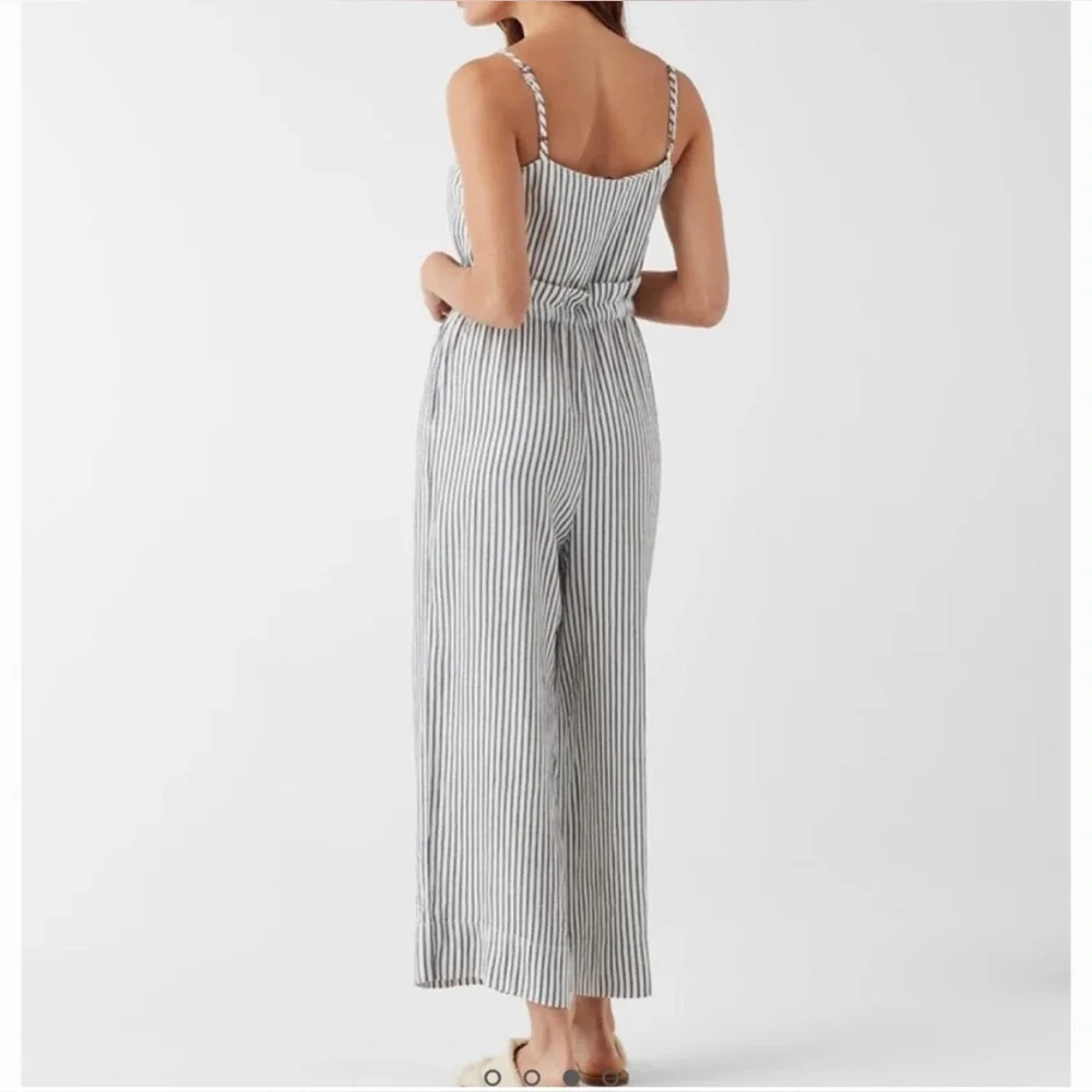 Splendid Crosshatch Linen Natural/Navy Stripes with Tie Waist Jumpsuit. Large. - Picture 3 of 14